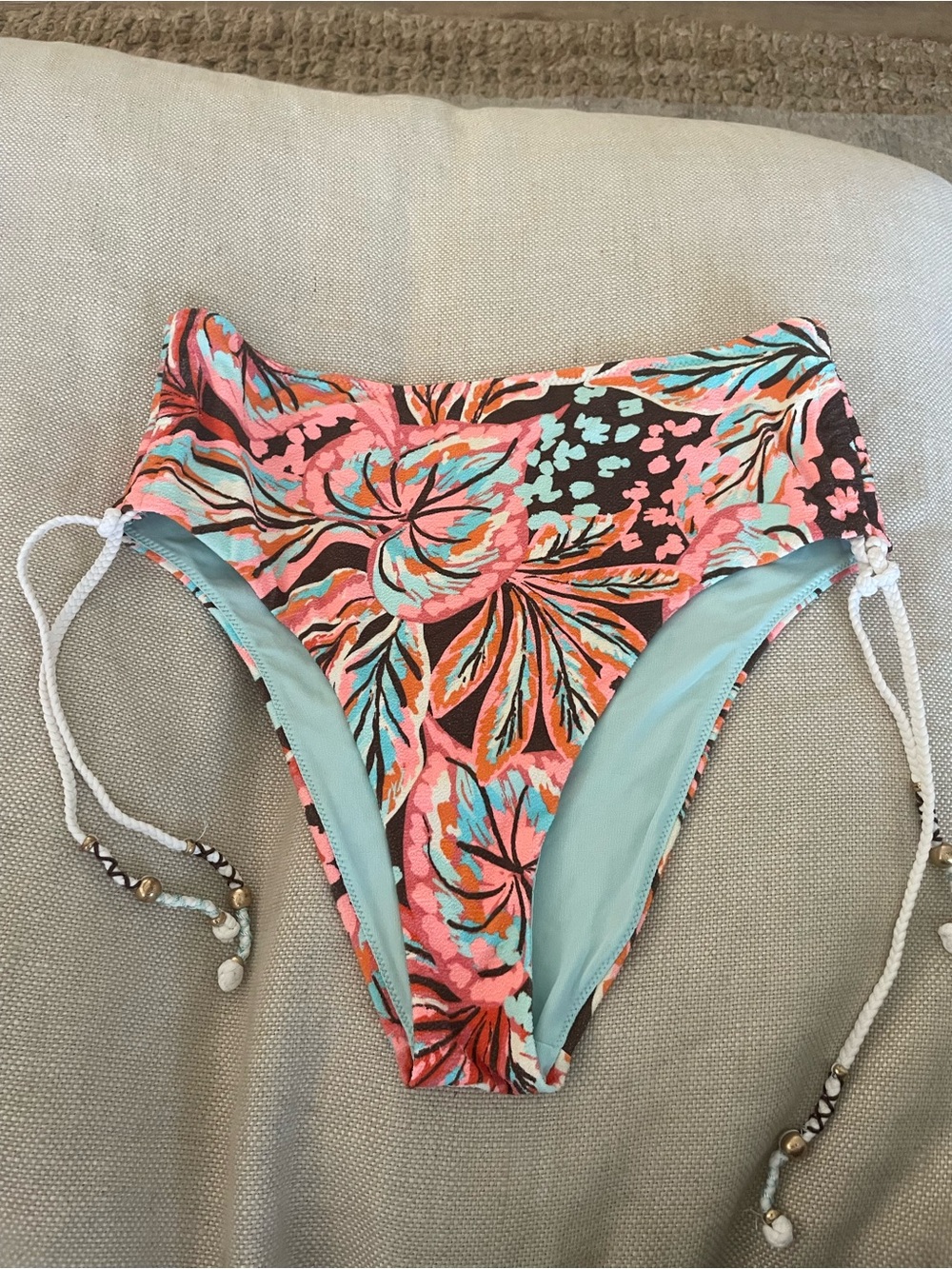 Aerie High-Waist Floral Tie-Side Bikini Bottoms - Coral & Aqua side M